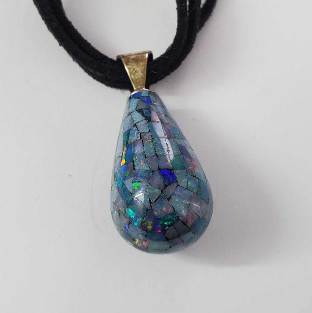 Sterling Silver 925 Solid Mosaic Opal Leather Nec… - image 2